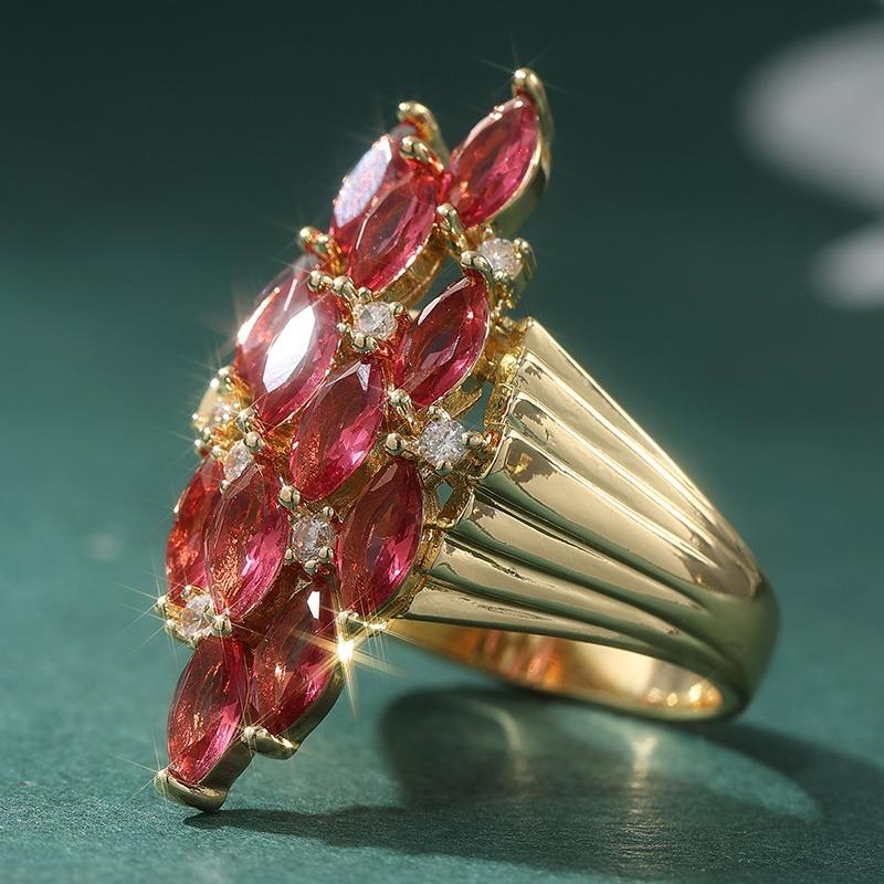 Dazzling Gold Color Inlaid White Red CZ Women's Ring Geometry Hollow Daily Wear Party Jewelry