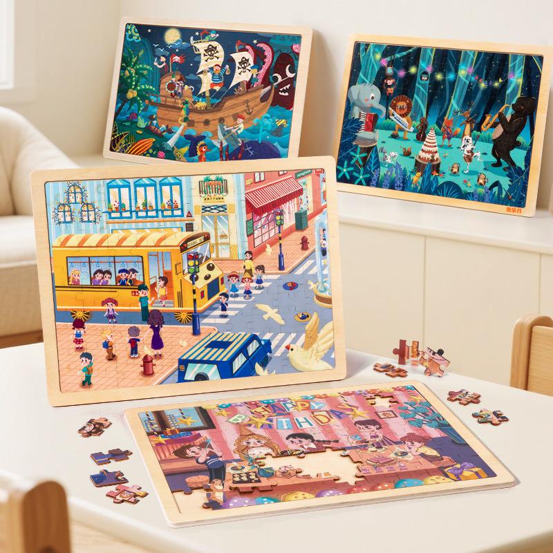 Holzpuzzles für 4-6 Jahre, Kinder-Frühbildungs-Holz-Set mit lustigen Puzzles, Waldtiere Bauernhof Verkehr Bildungs-Gehirnspielzeug, Puzzlebretter Spielzeug