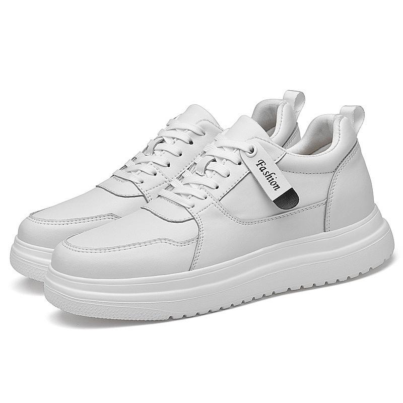 8cm Height-Increasing Cowhide White Sneakers - Trendy, Breathable, Casual Sports Shoes for Men.