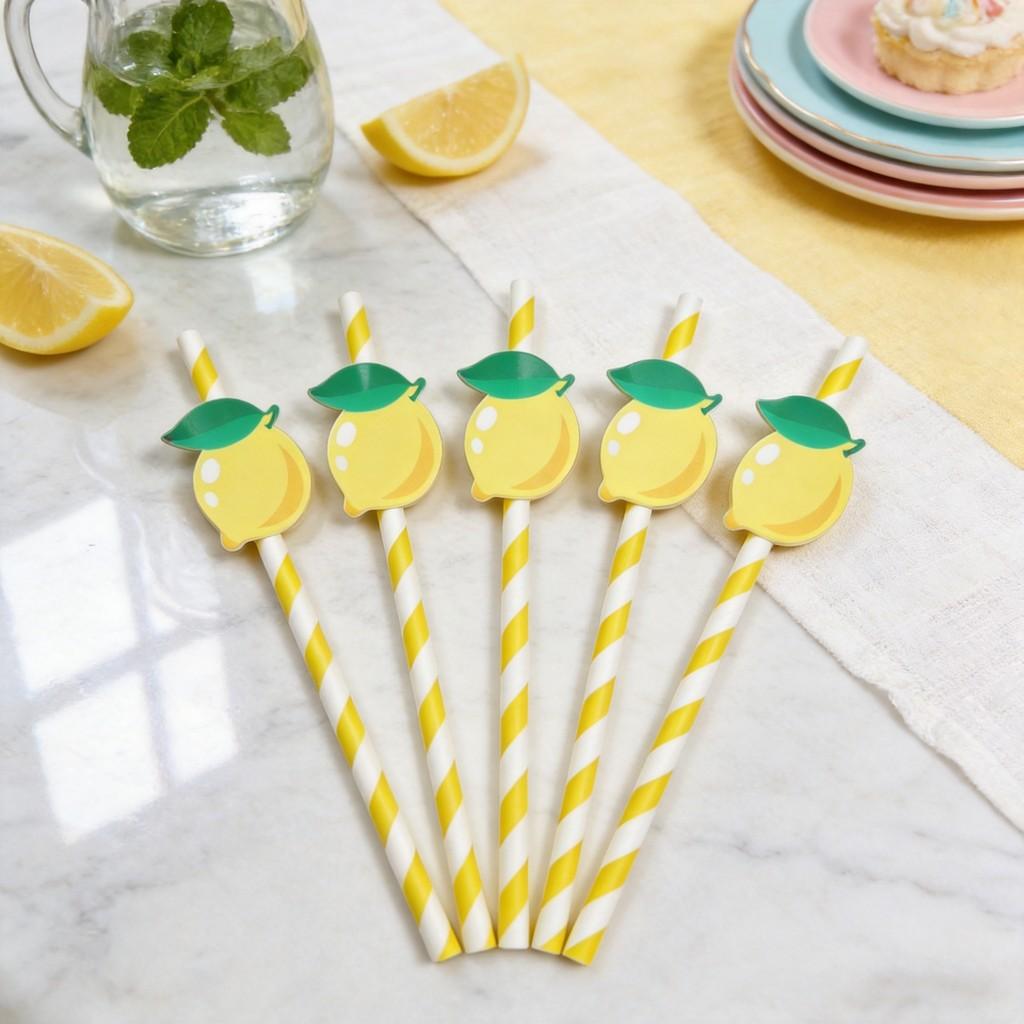 Degradable Paper Straws For Parties With Lemon Pattern For Cake Drinks And Cocktails