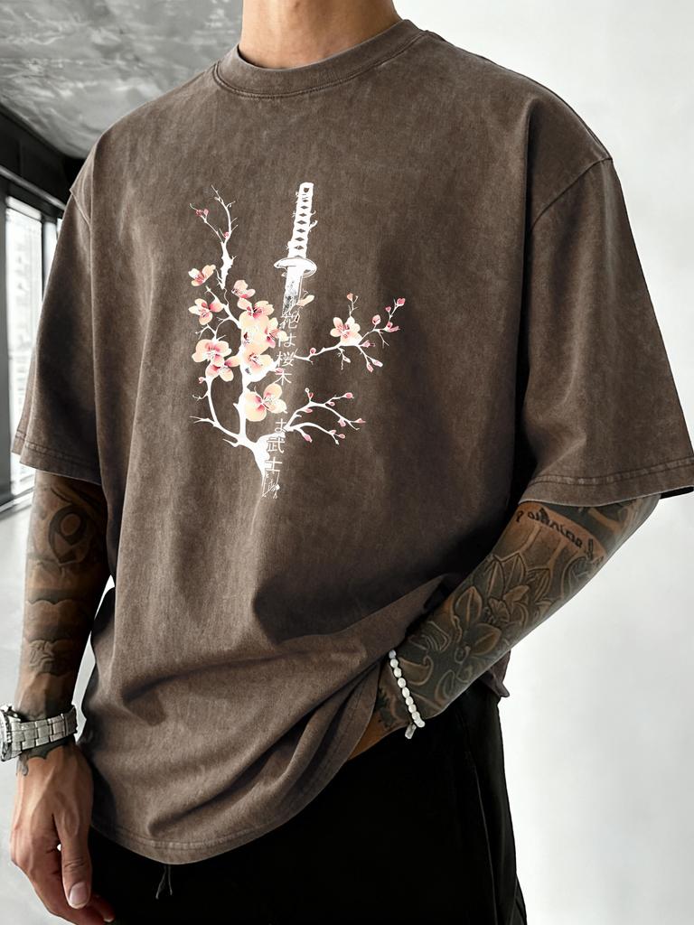 Japanese Cherry Blossom Sword Print Mens Washed TShirt Summer Cotton Short Sleeve Sport Running T Shirt Casual Loose Top