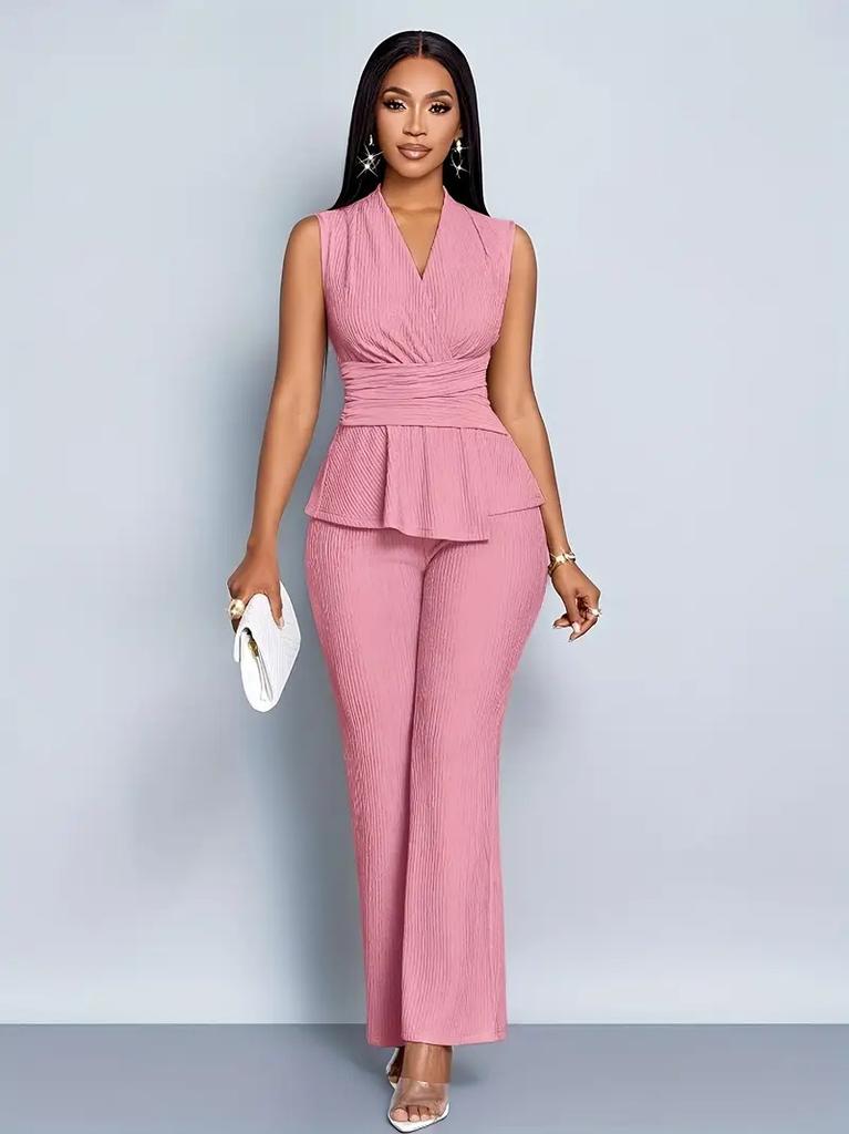 Spring and Summer Women's Two-piece Set of Elegant and Thin V-neck Sleeveless T-shirt and Wide-leg Pants Two-piece Set
