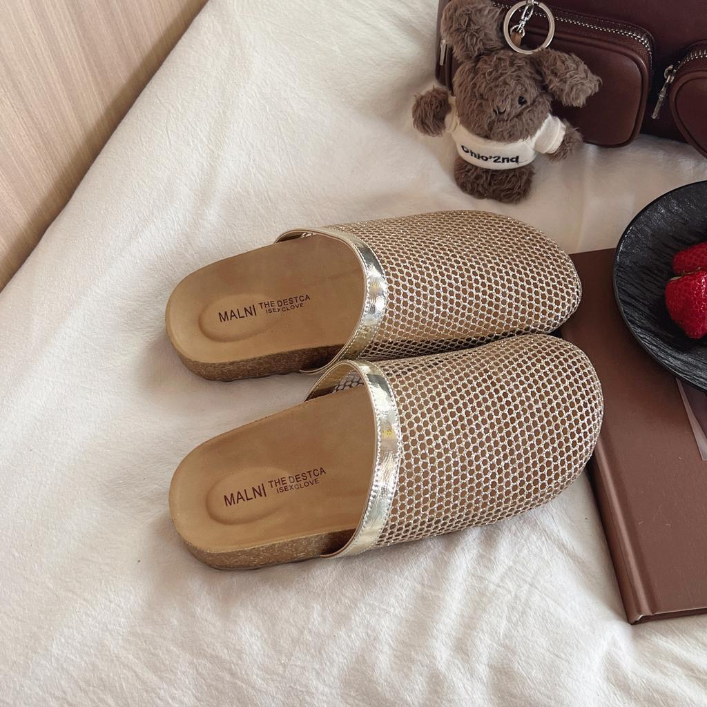 Rhinestone fishing net hollow fashionable slippers 2025 new summer fashion outer wear one pedal thick-soled bag head half slippers
