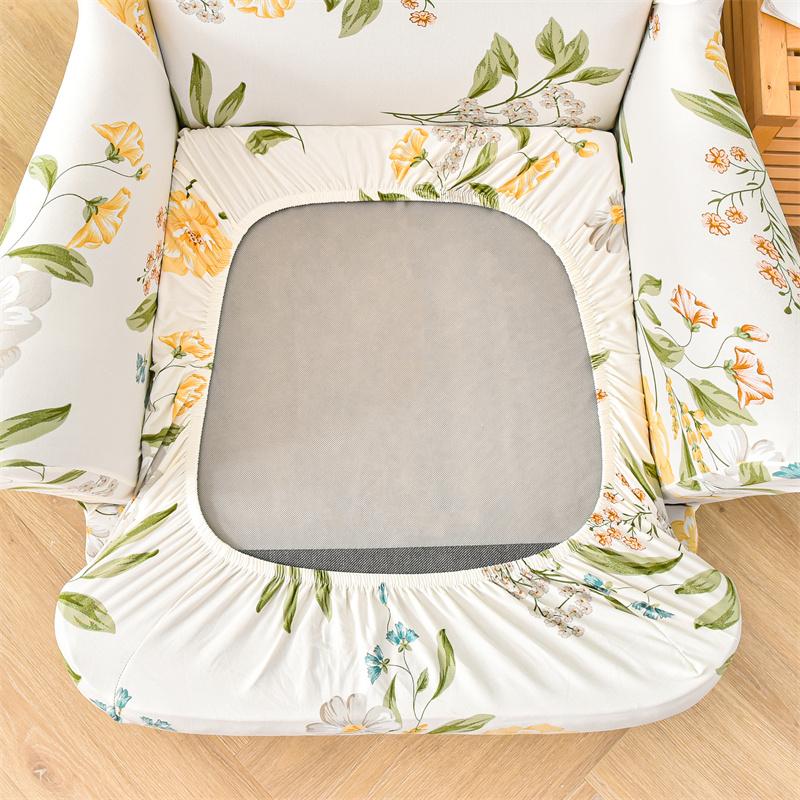 2pcs/set Flower Print Wing Back Chair Cover Anti-dirt Wing Armchair Protector Covers with Seat Cushion Cover for Living Room