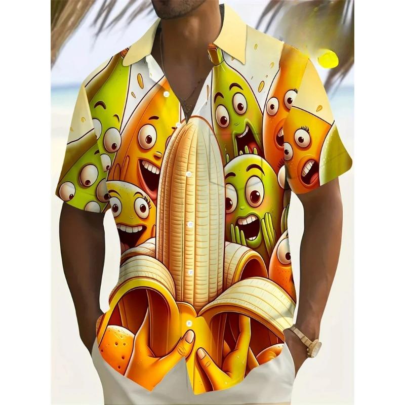 Hawaiian Men s Shirt Abstract Banana Pineapple 3D Printing Tee 2025 Funny Fruit Summer Blouse Lapel Short Sleeves Shirts S