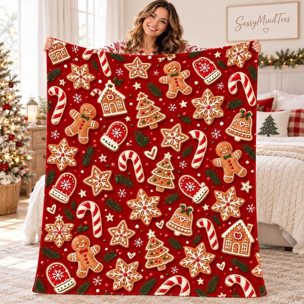 Gingerbread Christmas Blanket, Candy Cane Fleece Throw, Holiday Cookie Blanket, Snowflake Winter Decor, Xmas Gift