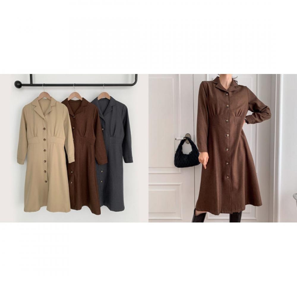 Shop   Women S Wool CollAr Neck Button Open Shirring A Line Midi dreSS Beige cAt
