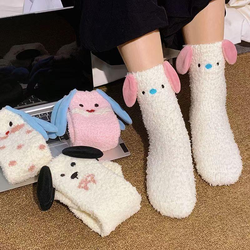 Cute Puppy Dog Coral Fleece Socks Mid-Tube Socks Autumn Winter Plus Velvet Thickened Home Sleeping Floor Socks Warmer Socks Gift