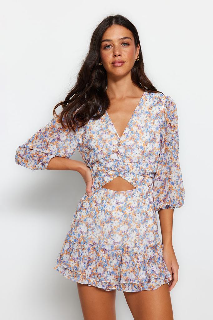 Women's Fashion New Jumpsuit Green Floral Pattern Cut Out Detailed Mini Lined Chiffon Woven Jumpsuit