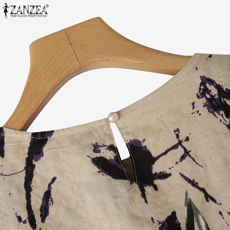 ZANZEA Women Casual Crew Neck Cape Shape Short Sleeve Print Blouse