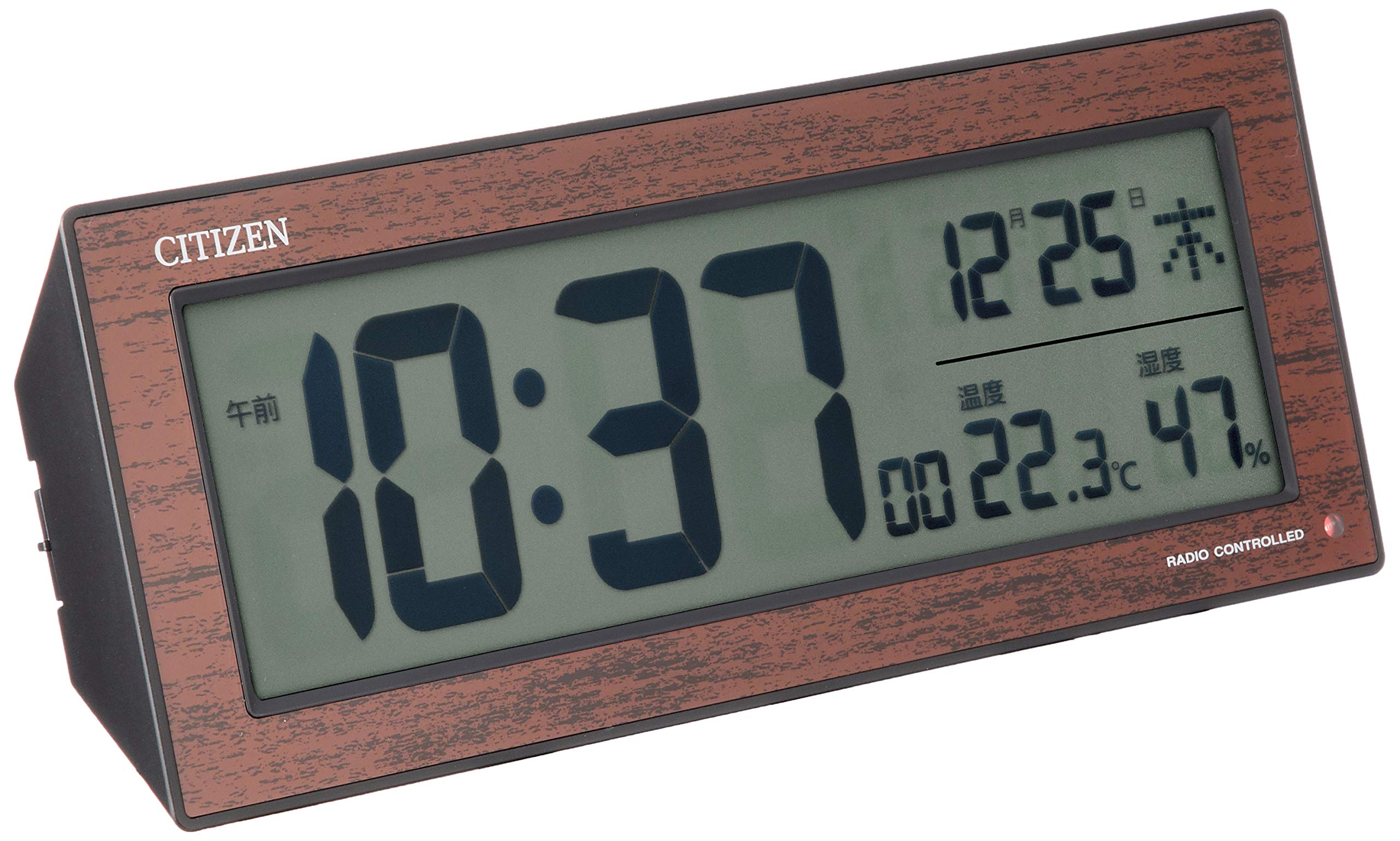 RHYTHM CITIZEN Alarm Clock, Radio-Controlled, with Thermometer and Hygrometer, Brown, R195 (8RZ195-023)
