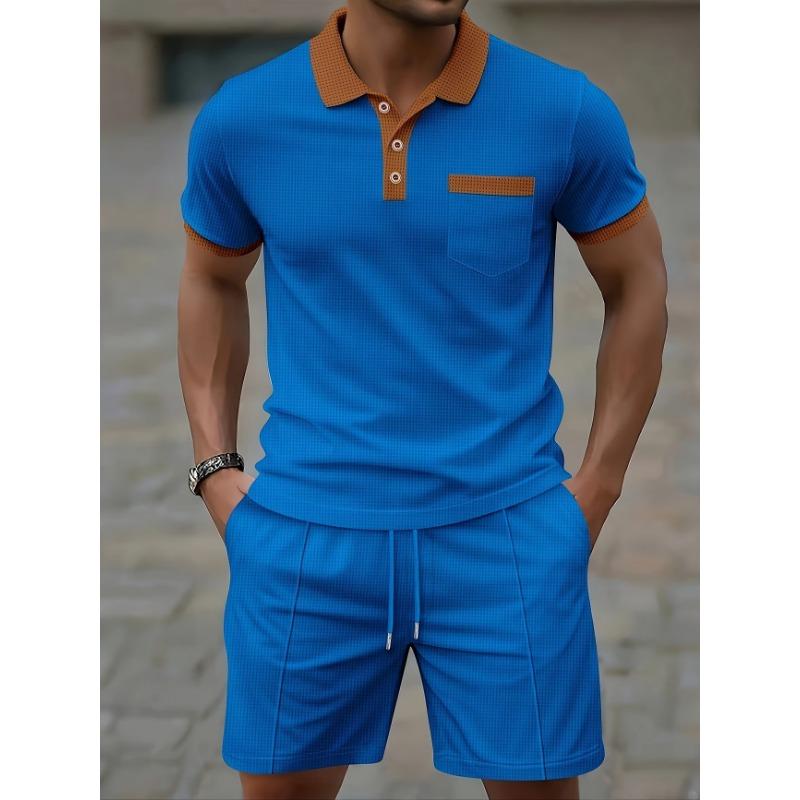 Mens Color Block Short Sleeve Polo Shirt And Shorts Two Piece Set