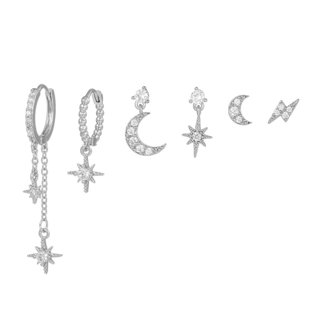 6PCS Fashion Cubic Zirconia Chain Star Moon Hoop Earring Set for Women Stainless Steel Pendant Cartilage Piercing Jewelry