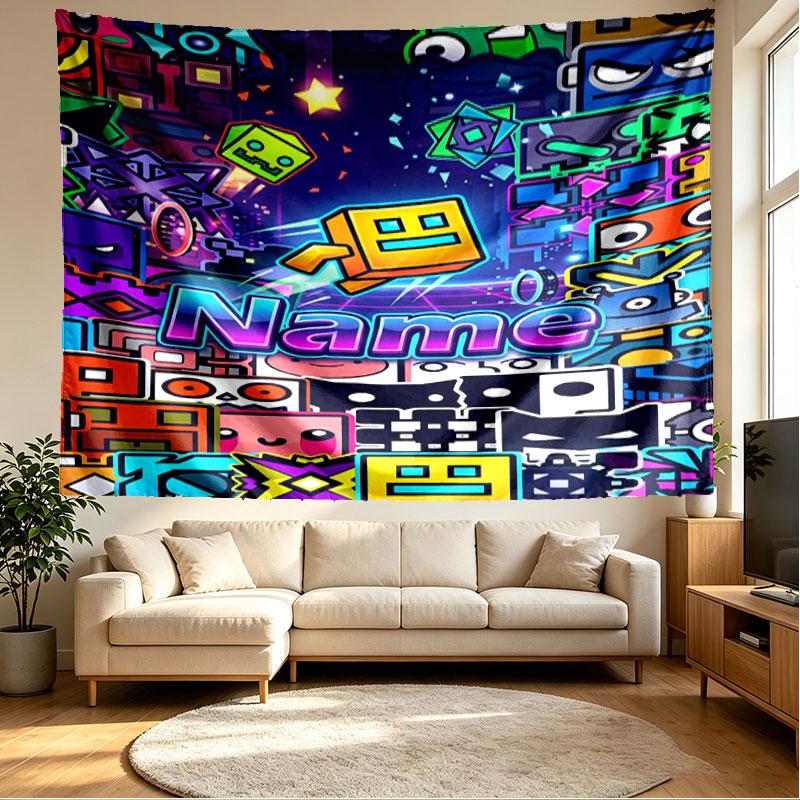 Custom Name Personalized Geometry Dash Print Tapestry, Wall Art Decor, Bedroom, Dorm, Apartment, LivingRoom, Party Backdrop, Gift for Birthday