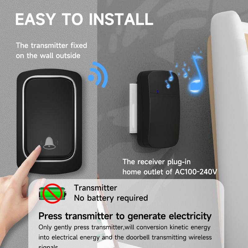 Wireless Doorbell No Battery required Waterproof Self-Powered Door bell Sets Home Outdoor Kinetic Ring Chime Doorbell