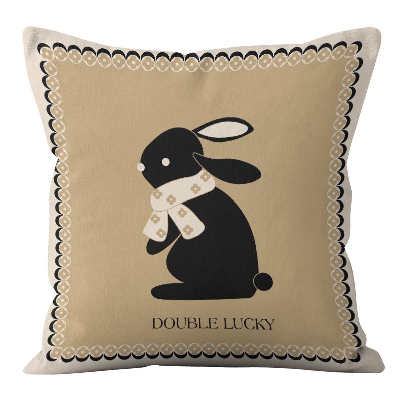 Modern Minimalist Plaid Rabbit Print Pillow Cover with Short Plush Fabric, Home Sofa, Car Cushion