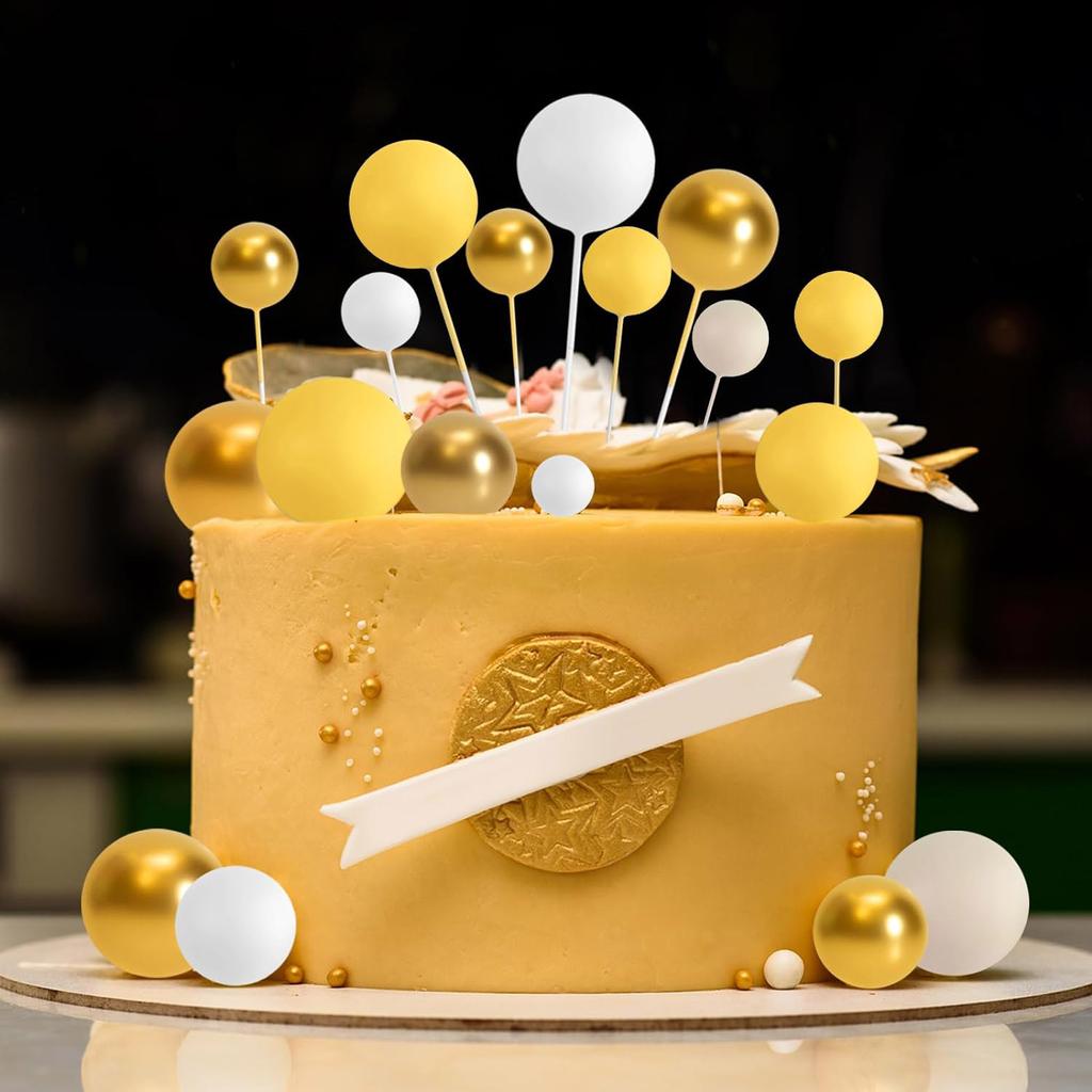 32PCS Boho Gold White Khaki Foam Balls for Cake Decorating DIY Wedding Birthday Party Cupcake Toppers Bridal Shower Decor