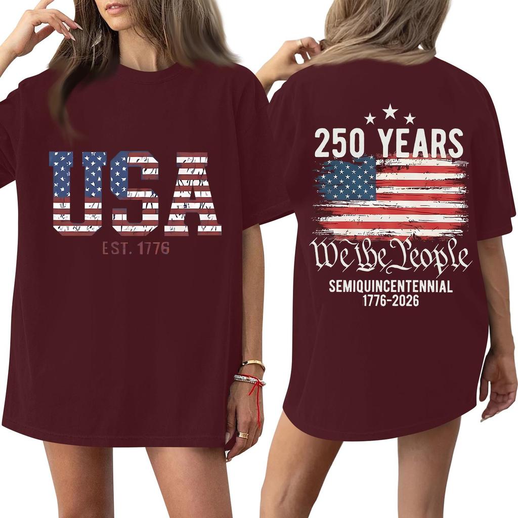 Women's Fashionable Casual Short-Sleeve Round Neck Printed T-Shirt For The 250th Anniversary Of The Founding Of The United States