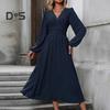 Women Spring Fall Dress V Neck Slim Waist Long Bubble Sleeves A-line Pleated MId-calf Length Flowy Dress Prom Party Dating Midi Dress