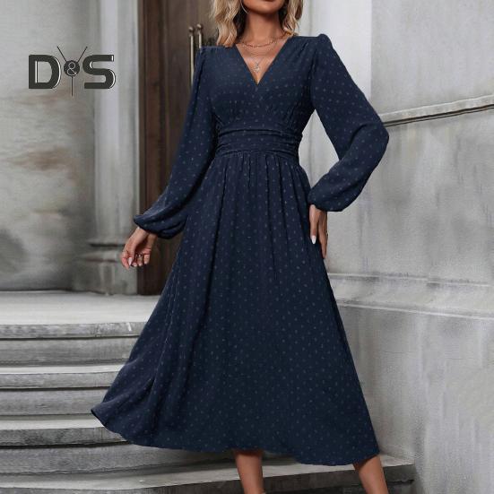 Women Spring Fall Dress V Neck Slim Waist Long Bubble Sleeves A-line Pleated MId-calf Length Flowy Dress Prom Party Dating Midi Dress