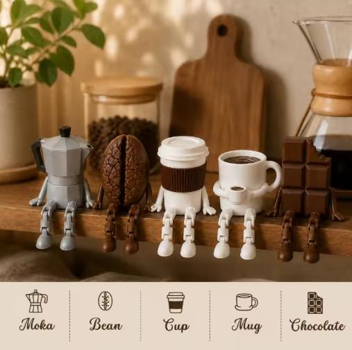 1pcs 1D Printed Coffee Corner Decor Articulated Moka Pot Coffee Bean Cup Mug Chocolate Figures, Coffee Station Shelf Decor, Gift
