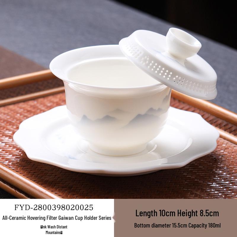 Large Dehua Mutton Fat Jade Ceramic Tea Bowl Set with Three Talents Lid