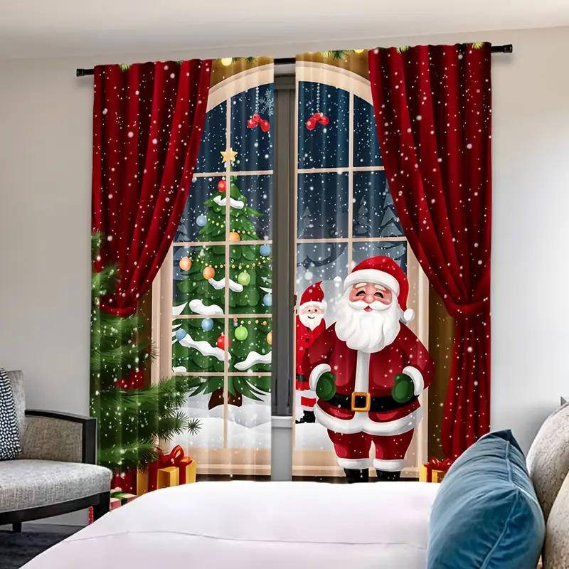 Set Of 2 Joyful Christmas Patterned Curtains Holiday Designed Polyester Filter Family Windows Curtain