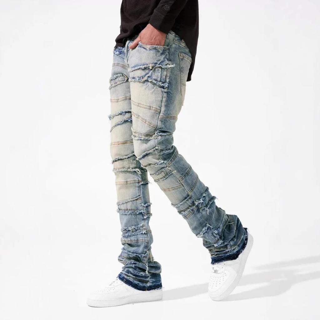 RogueWave Straight Pant Men Jeans Denim Pants Slim Fit Irregular Folds Tassel Splice Simple Button Pocket High Street Trousers