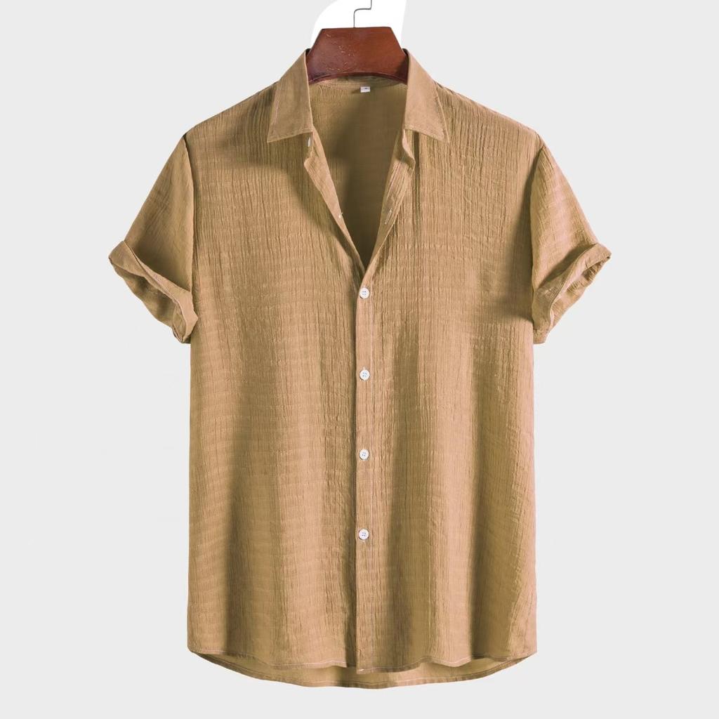 Man cotton shirt men's fashion trend solid color shirt dark compartment short sleeve men's shirt men's