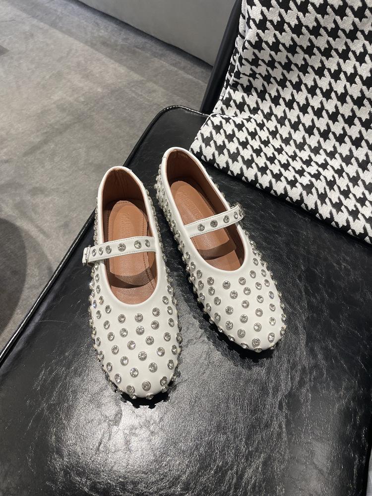 

Версия из овчины с ощущением высокого класса~ новые кожаные туфли Мэри Джейн с заклепками из стразов, женские одинарные туфли, балетки на плоской подошве 40 белый