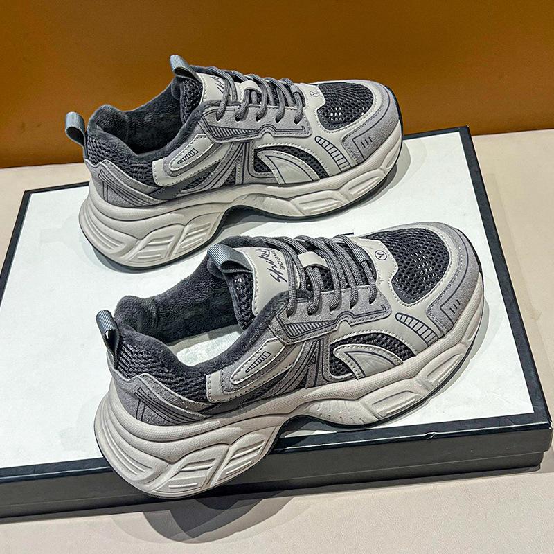 2024 Winter Women's Shoes Warm and Velvet Leather Dad Shoes Heightened Platform and Cotton Sports and Leisure Shoes Mesh Single Shoes