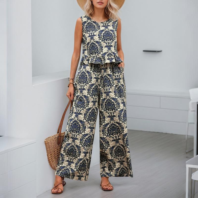 

ZANZEA Женские топы без рукавов и брюки с принтом, комплекты из двух предметов S темно-синий