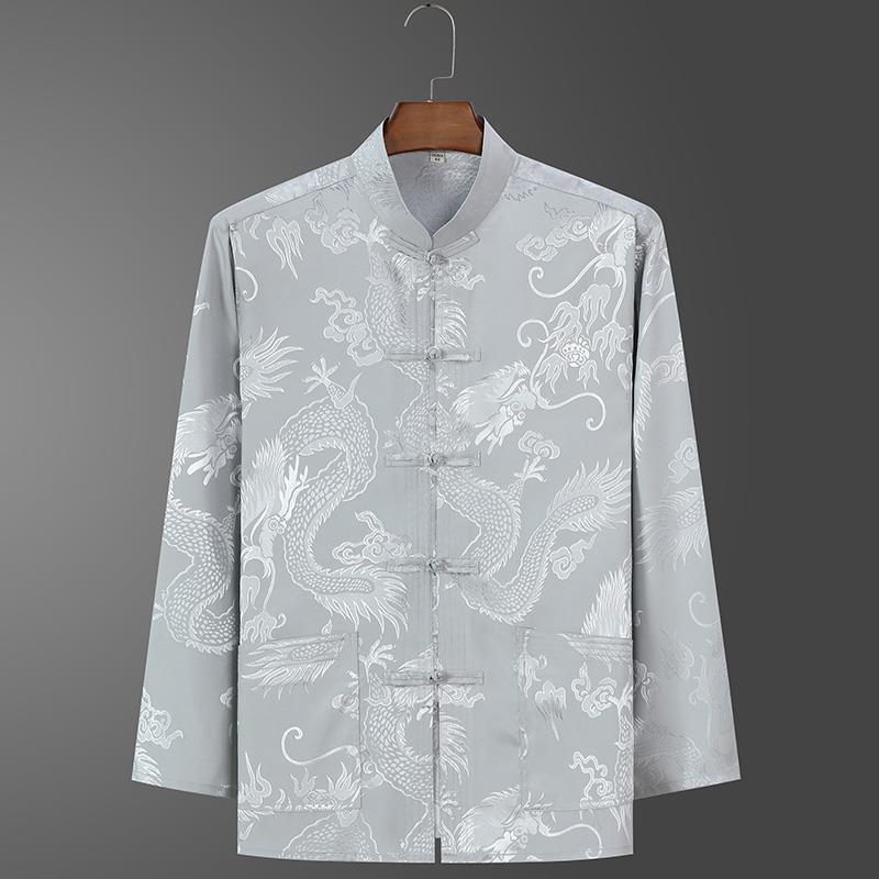 Ice Silk Tang Suit Long-Sleeved Shirt: Men's Chinese-Style Spring/Autumn Dress for Middle-Aged and Elderly