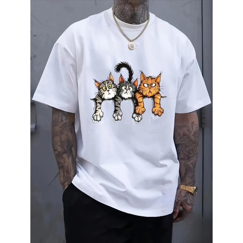 Men'S Abstract Cute Three Cat Pattern Print T-Shirt - Round Neck, Regular Fit, Slightly Stretchy, Print Design, Short Sleeves, Machine Washable