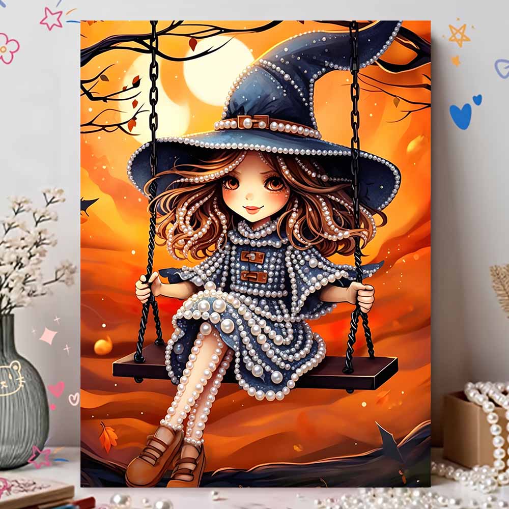Pearl Painting DIY Kit Frameless Cute Witch Sitting On Swing Autumn Moon Pattern Shiny Bead Art Canvas Creative Wall Decor Gift Idea