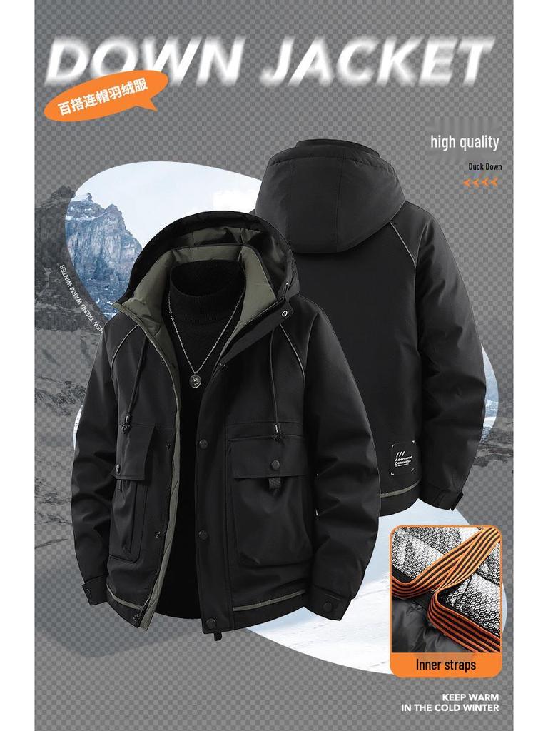 Men's Trendy Windproof Hooded Winter Jacket, Thickened Warm Graphene with White Duck Down.