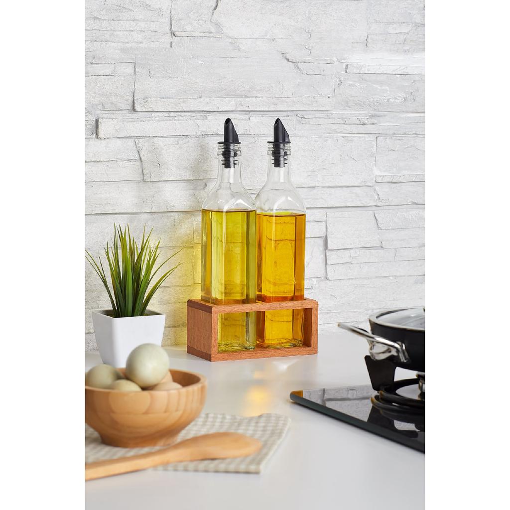 2 Piece Oil Pot Set 500 Ml, Oil And Vinegar Bowl With Wooden Stand