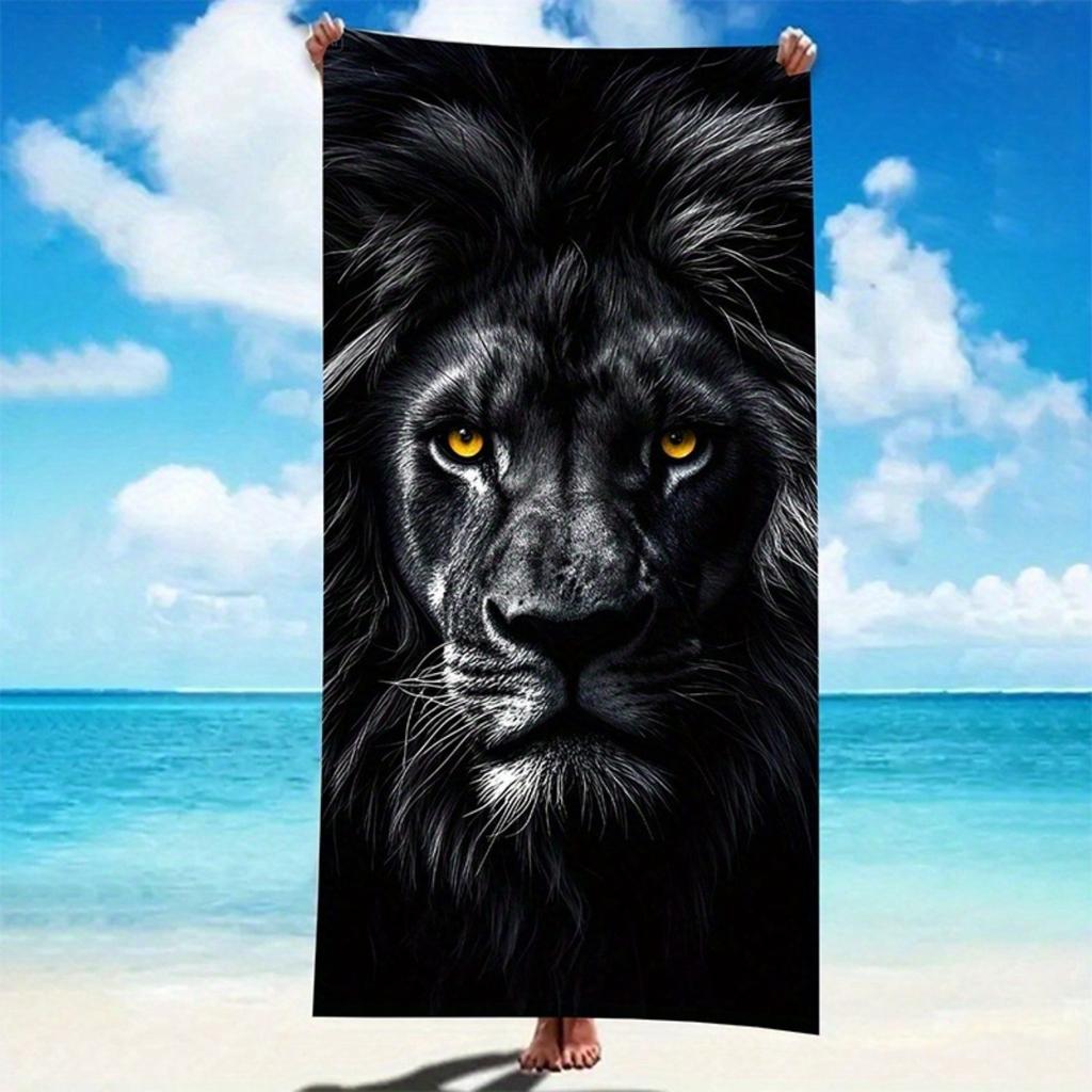 Toalla de Playa Impresa de León Negro y Tigre Blanco, Secado Rápido y Absorbente para Deporte, Playa, Costa y Uso en Piscina.