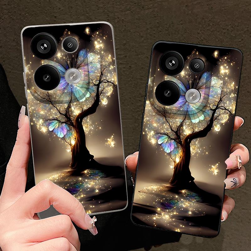 Shining Fantasy Tree Butterfly Pattern Case For Xiaomi Redmi Note 14 13 Pro 5G 4G 12 11 Funda Xiaomi 14T 13T 11T Pro Leather Texture Silicone Cover