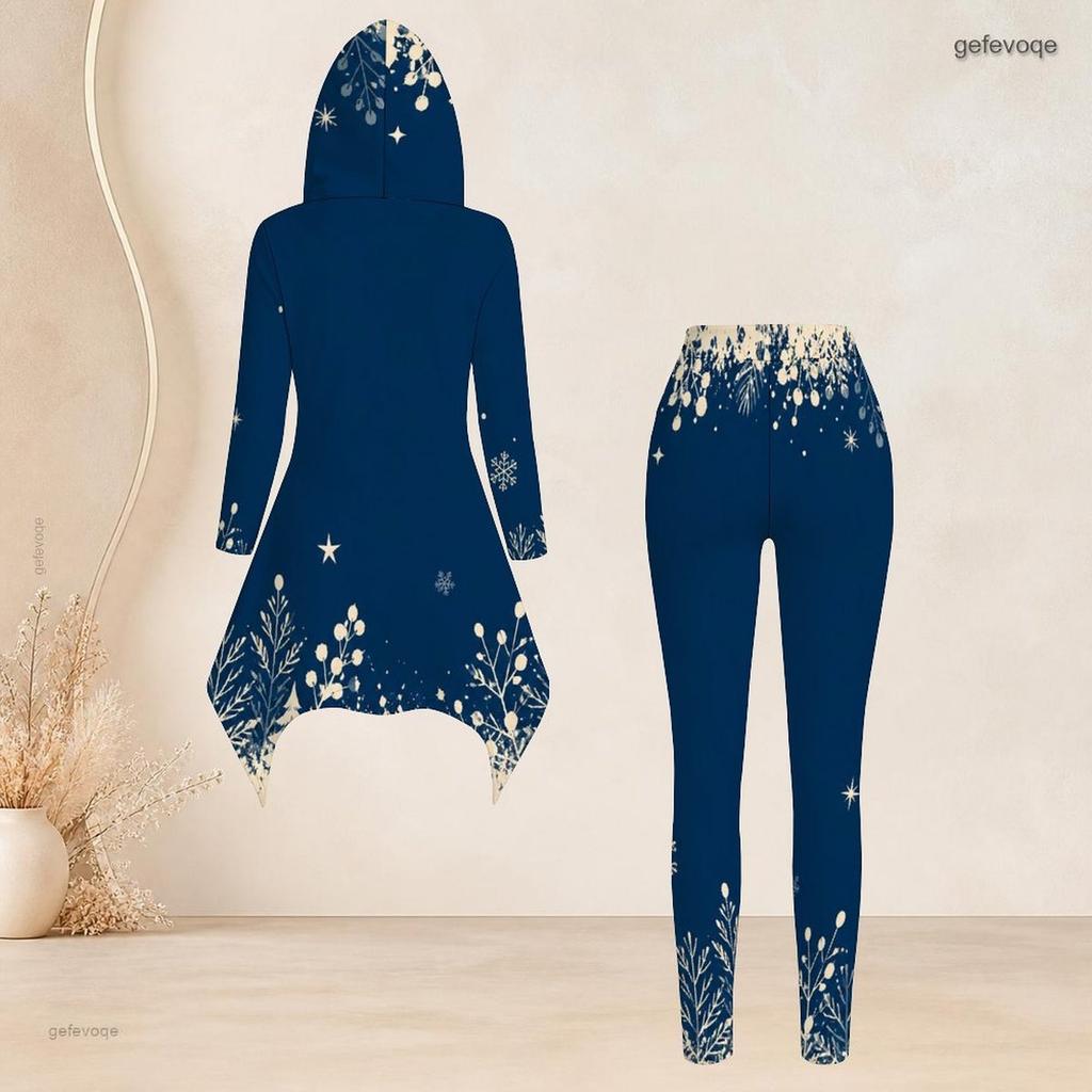 Women Plus Size Hooded Long Sleeve Snowflake Printed Dark Navy High Low Top Fitted Pants Two Piece Set