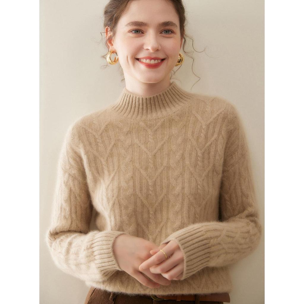 Women's Thickened Half-High Neck Cable Knit Cashmere Sweater - Soft, Versatile Autumn/Winter Pullover