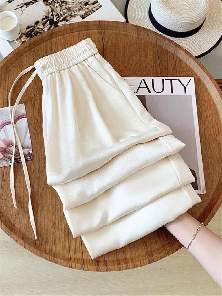 Women's High Waist Ice Silk Wide Leg Pants - Summer Sun Protection, Acetate Satin, Jacquard Design