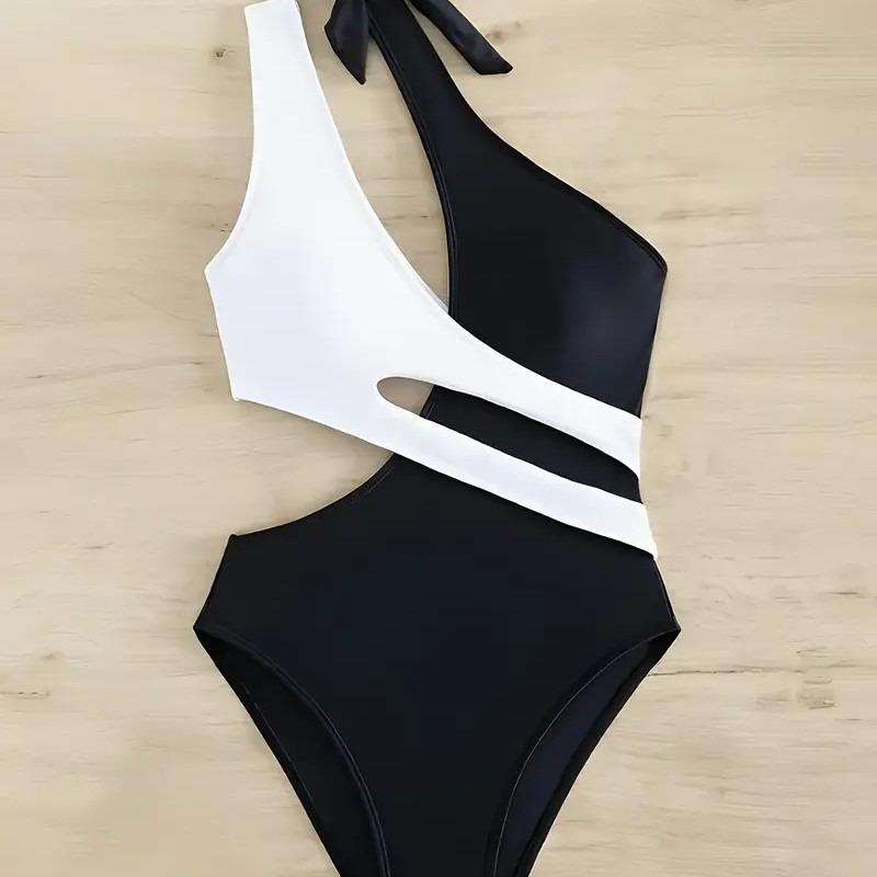 Sexy One-piece Swimsuit Onservative Color Matching Contrasting Color Single Shoulder Sloping Shoulder