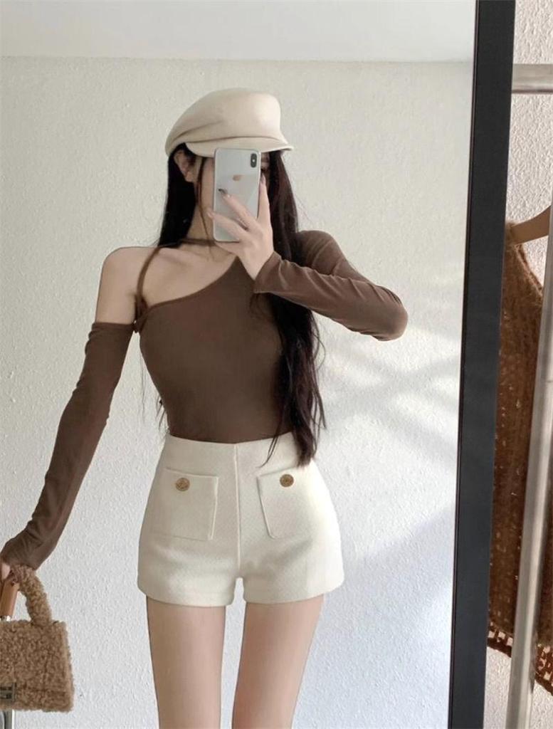 Women's Temperament White Tweed High Waist Wide Leg Pants - Petite Slimming Bootcut for Autumn/Winter