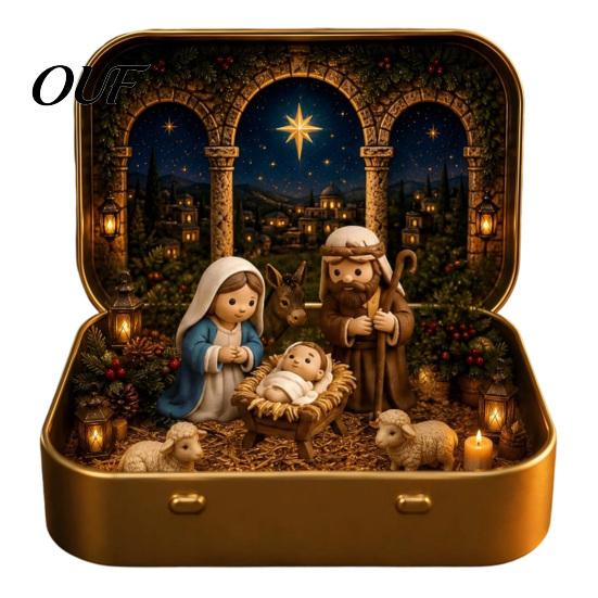Small Holiday Tabletop Decor Mini Christmas Set in A Tin Box, Pocket Size Scene Tiered Decoration Box with Miniature Figures, Collectible for