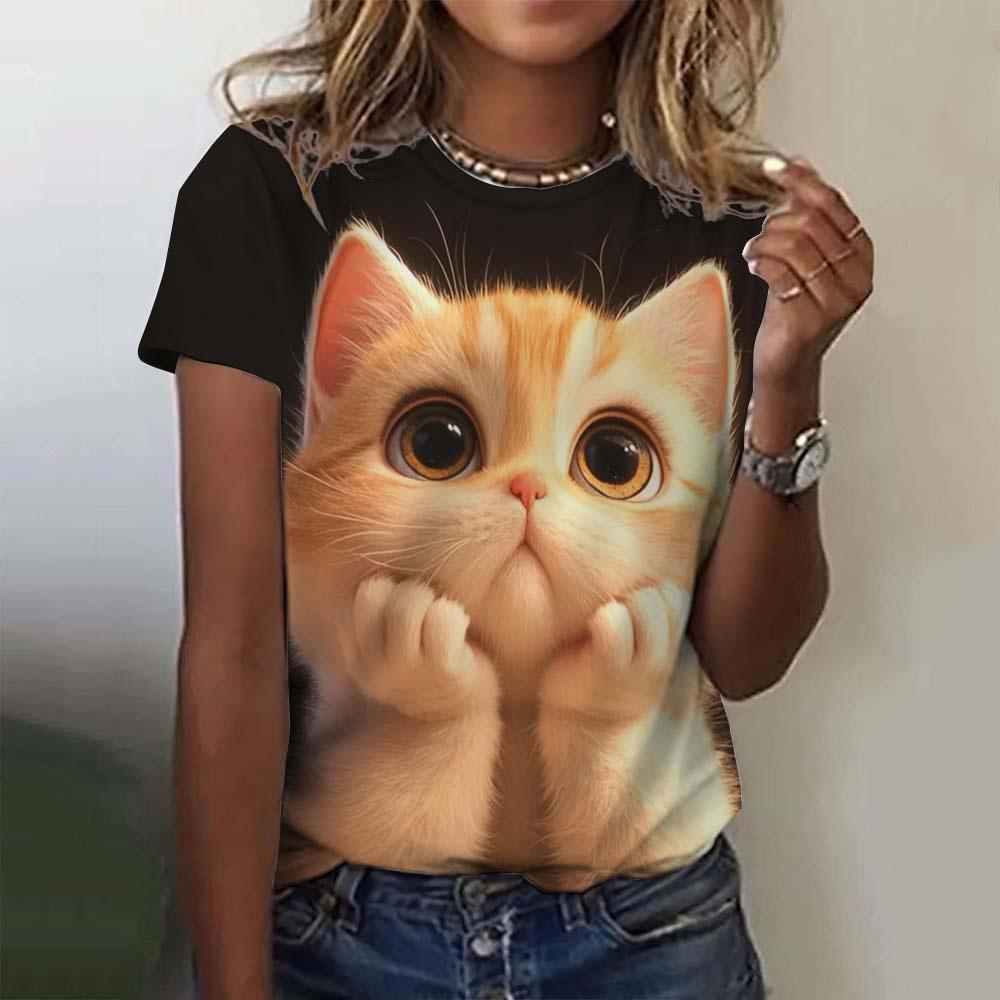 Tricou drăguț cu imprimeu de pisică pentru femei, vară, cu gât rotund, top cu mâneci scurte, ocazional, îmbrăcăminte de dimensiuni mari, Kawaii, animal pentru femei, tricouri