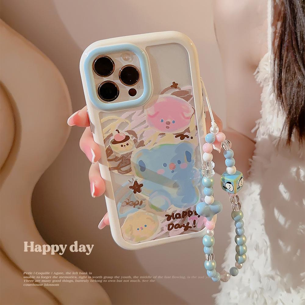 Applicable To IPhone 16 Mobile Phone Case Apple 13 Graffiti Pink Blue Puppy Bracelet 14 ProMax Cute 12 Magnetic 15
