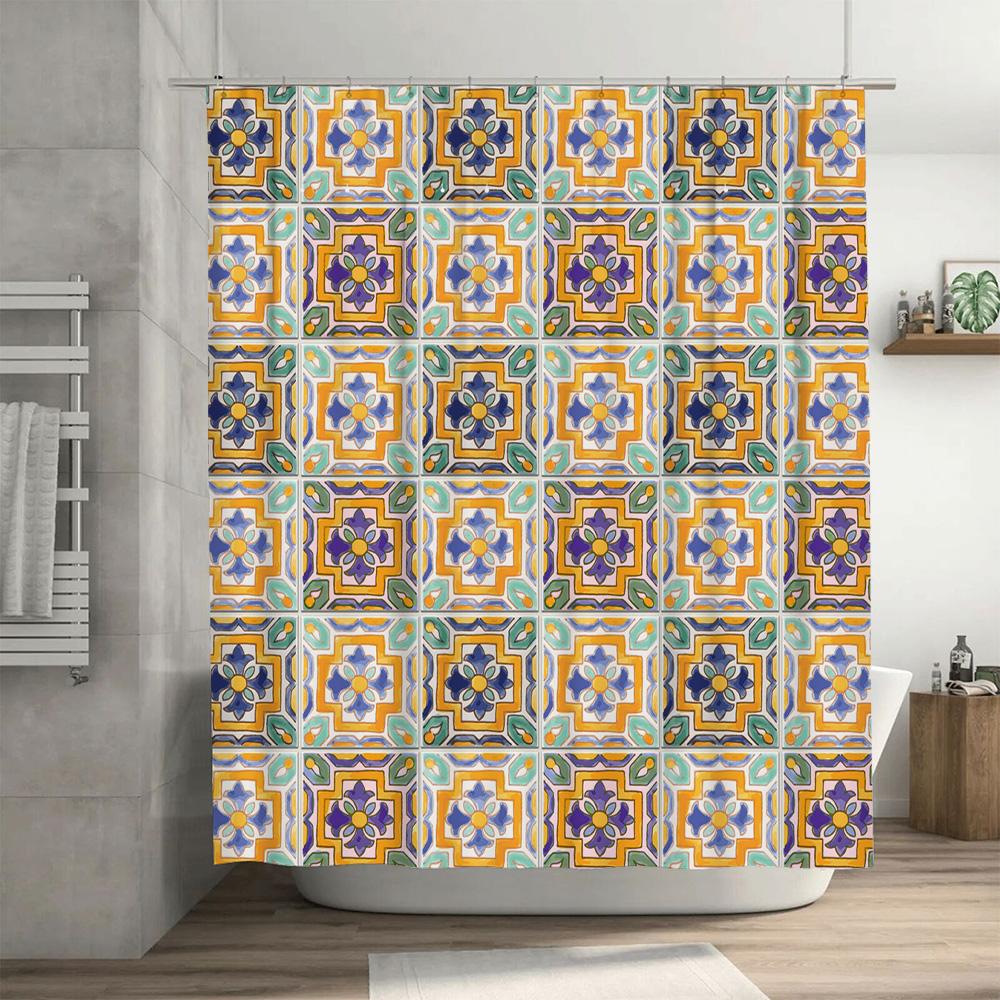 Modern Floral Shower Curtain Set Waterproof Bath Decor with Printed Flowers in Orange Blue Perfect for Home Bathroom Renovations