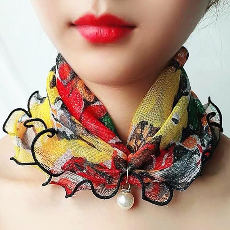 Fake Pearl Pendant Organza Neck Collar Chiffon Scarves Lace Pearls Scarf Fashion Print Shiny Variety Scarf Clothing Accessories