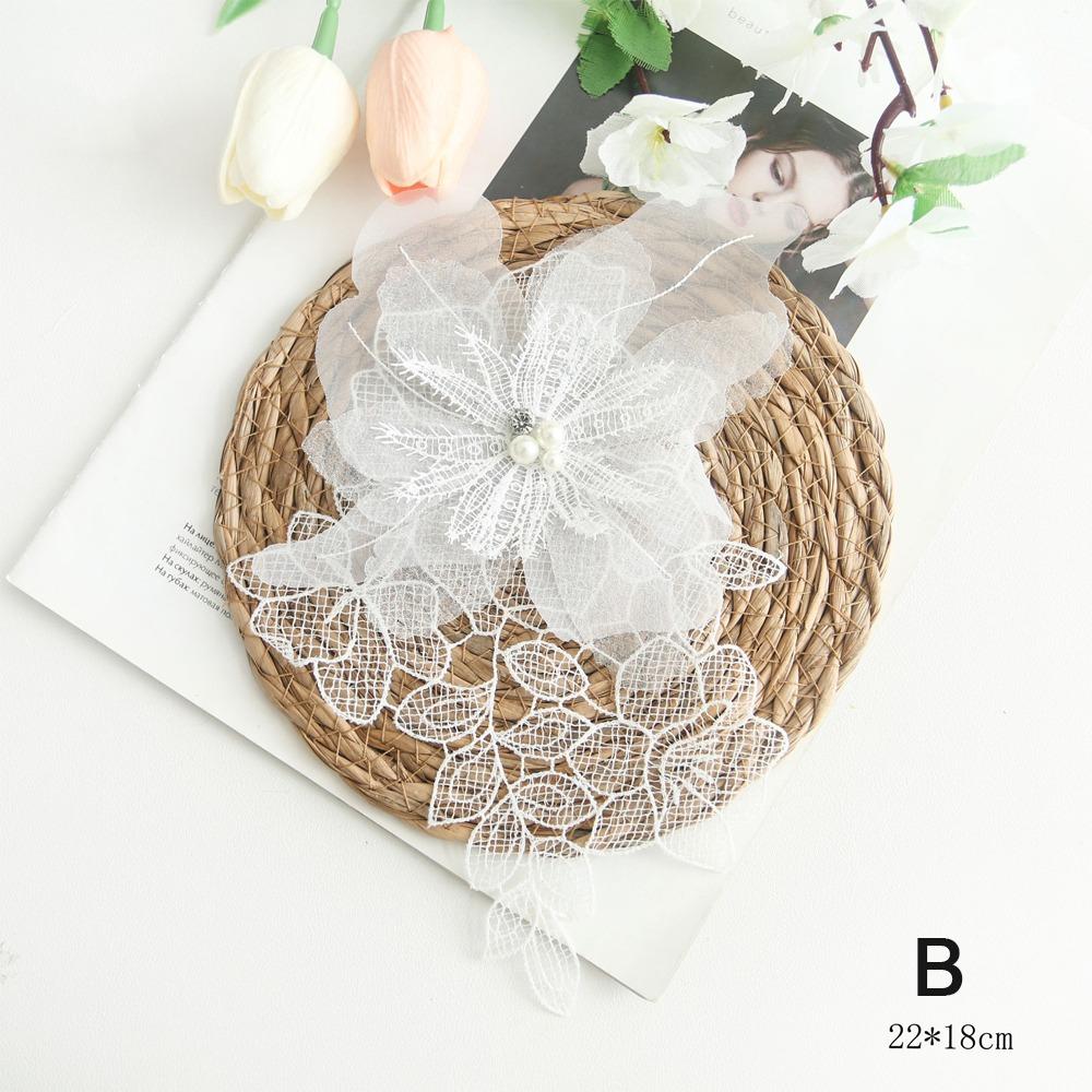 White Mesh Flower Embroidery Patches Pearl Stamen Applique Sequin Embroidery Patches Handmade Fabric Patches Evening Dress